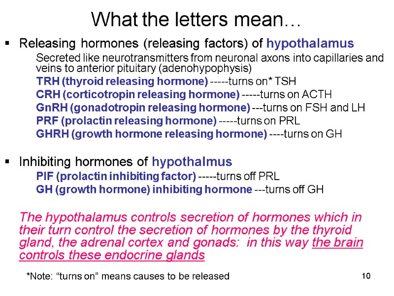 10 What the letters mean… Releasing hormones (releasing factors) of hypothalamus  Secreted like